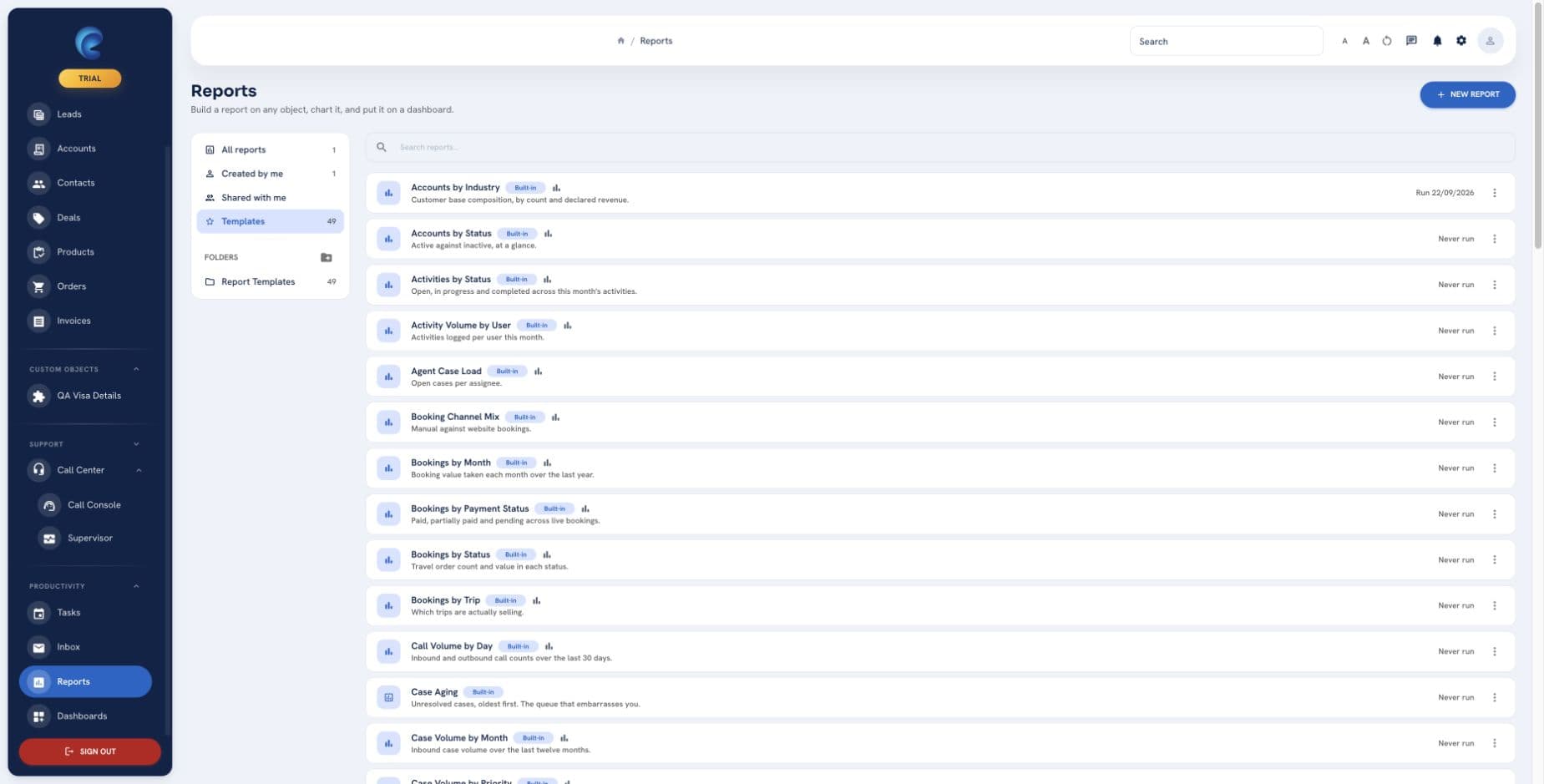 PearlCRM report library with saved report templates and category filters.