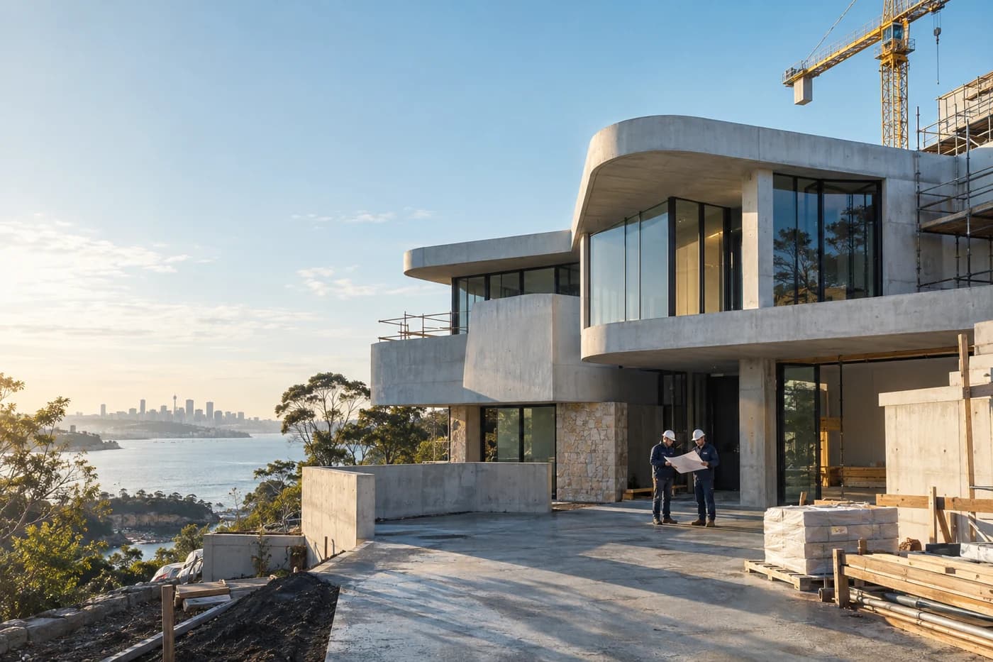 A construction team reviewing plans at a modern residential project