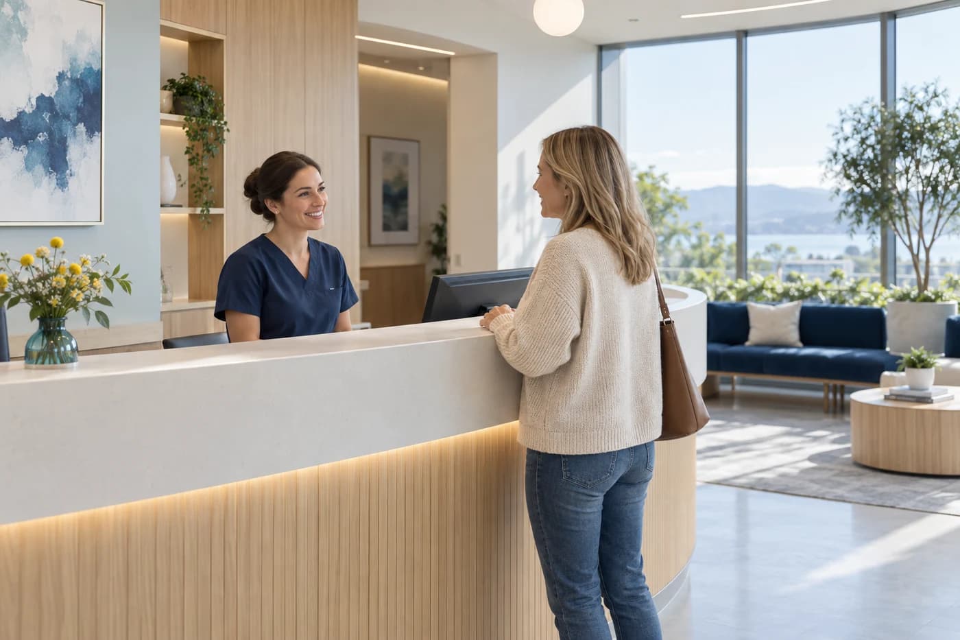 A clinic coordinator welcoming a visitor